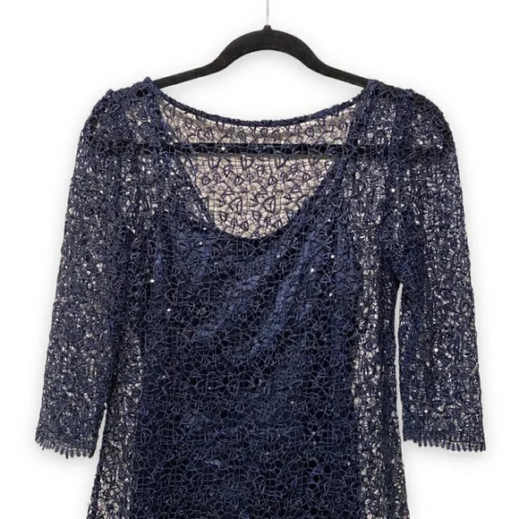 Kay Unger Sequin Lace Navy Midnight Blue Sparkly Sequined Sheath Dress Size 4 - Picture 4 of 9